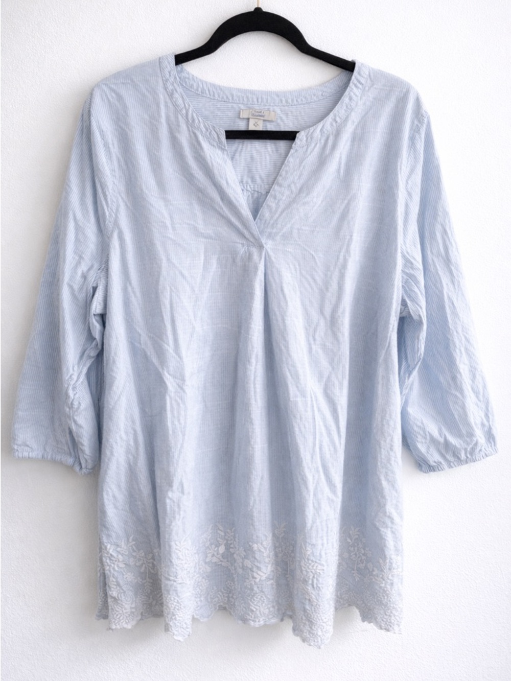 Croft & Barrow Blue Stripe Cotton Blouse XL Embroidered Hem Top